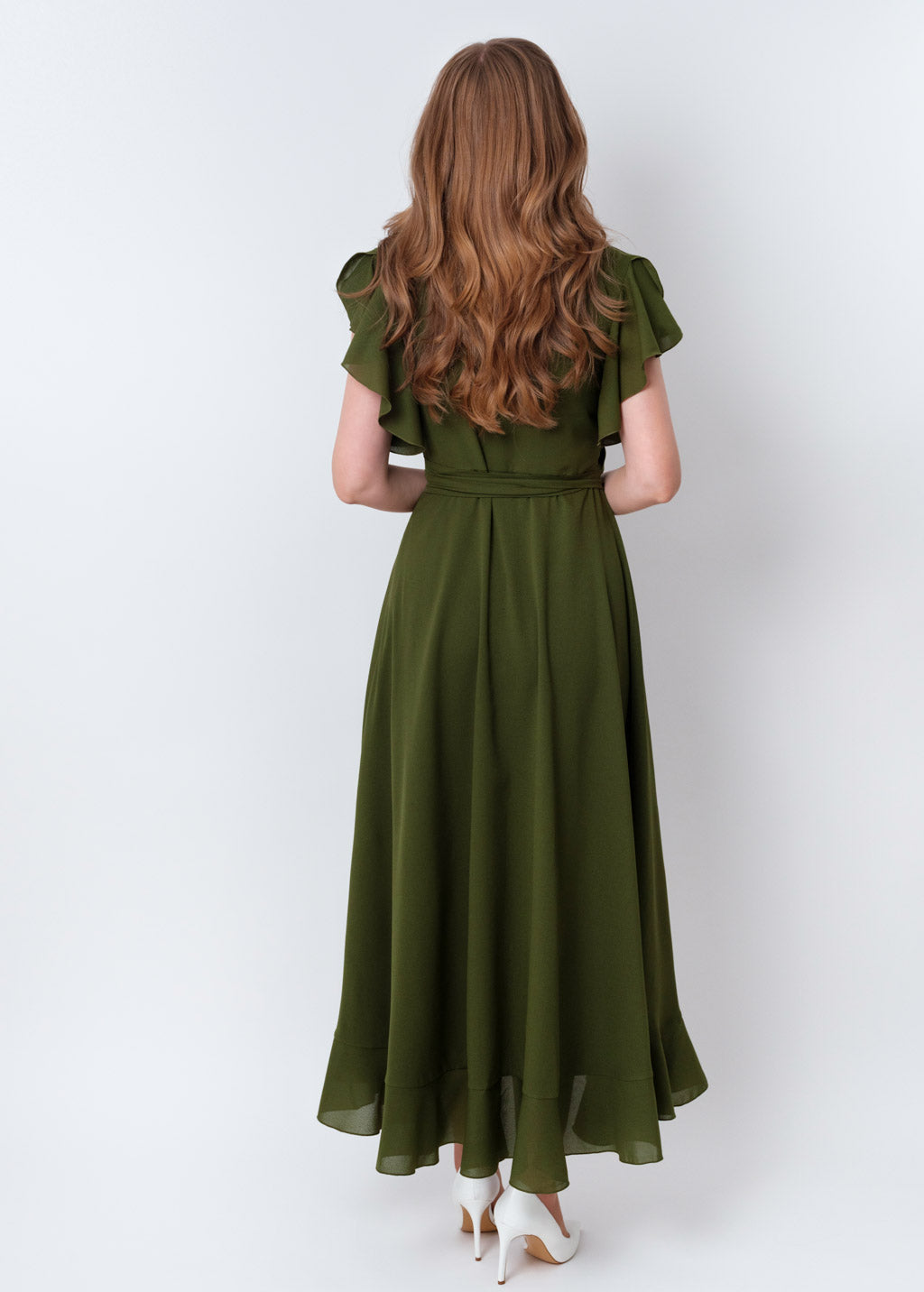 Olive green chiffon wrap dress