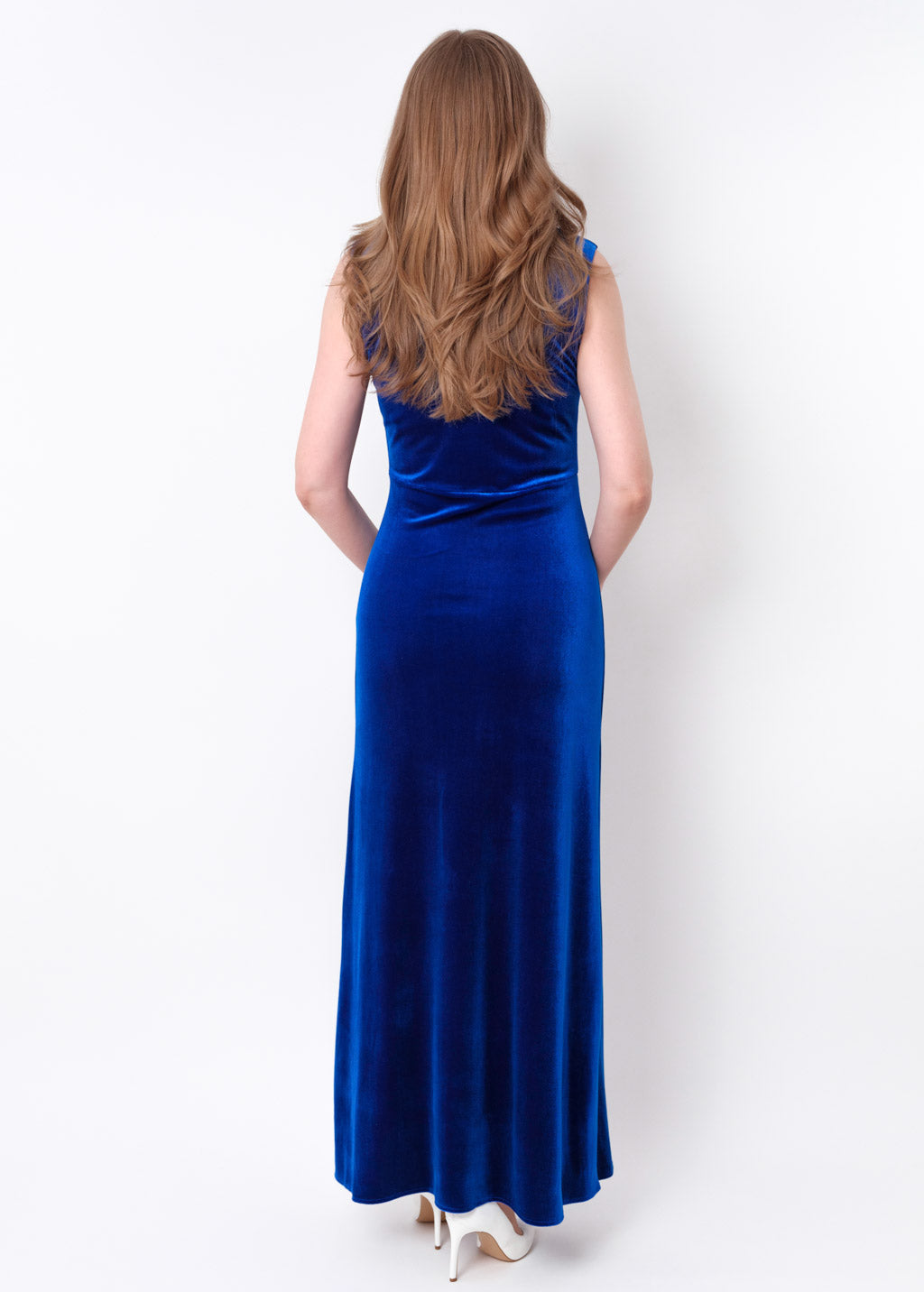 Royal blue velvet slit long pencil dress