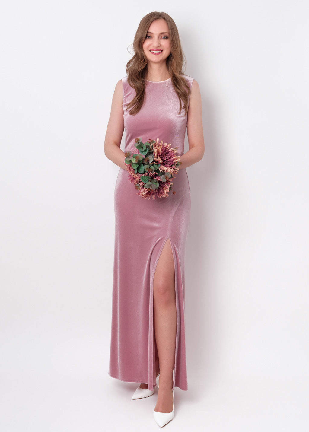 Mauve velvet slit long pencil dress