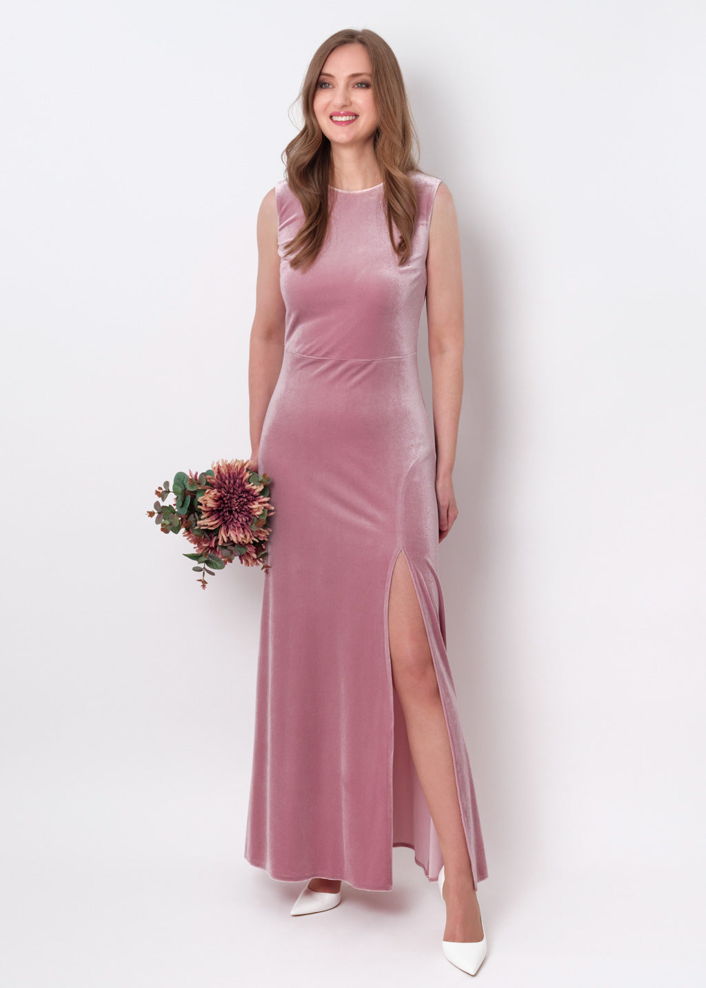 Mauve velvet slit long pencil dress
