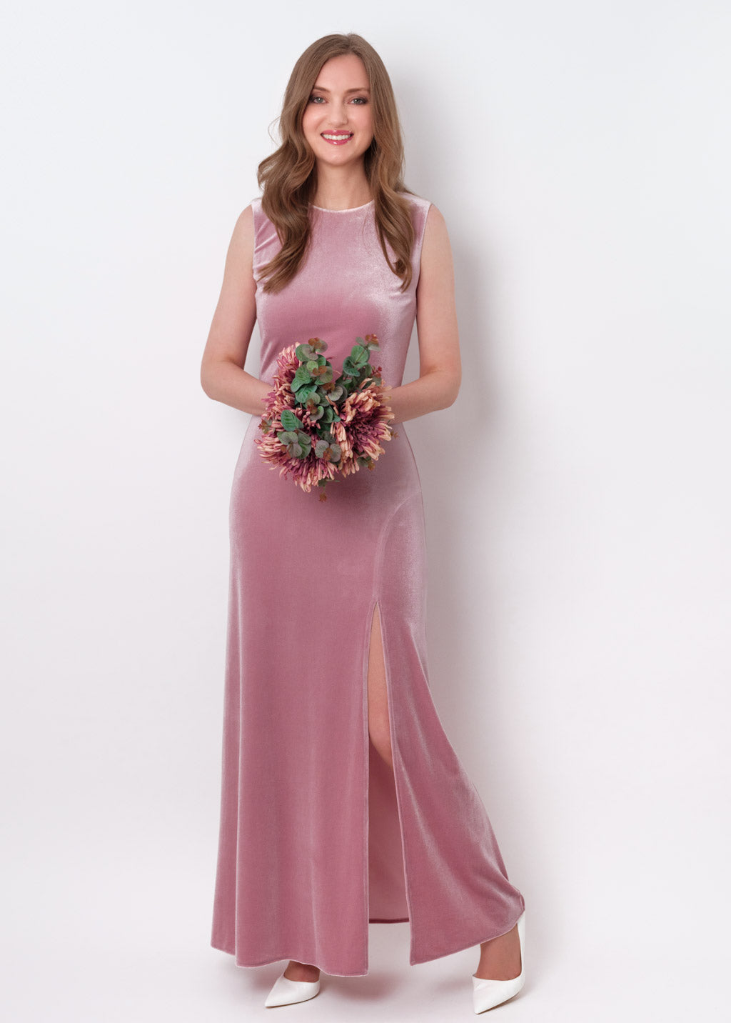 Mauve velvet slit long pencil dress