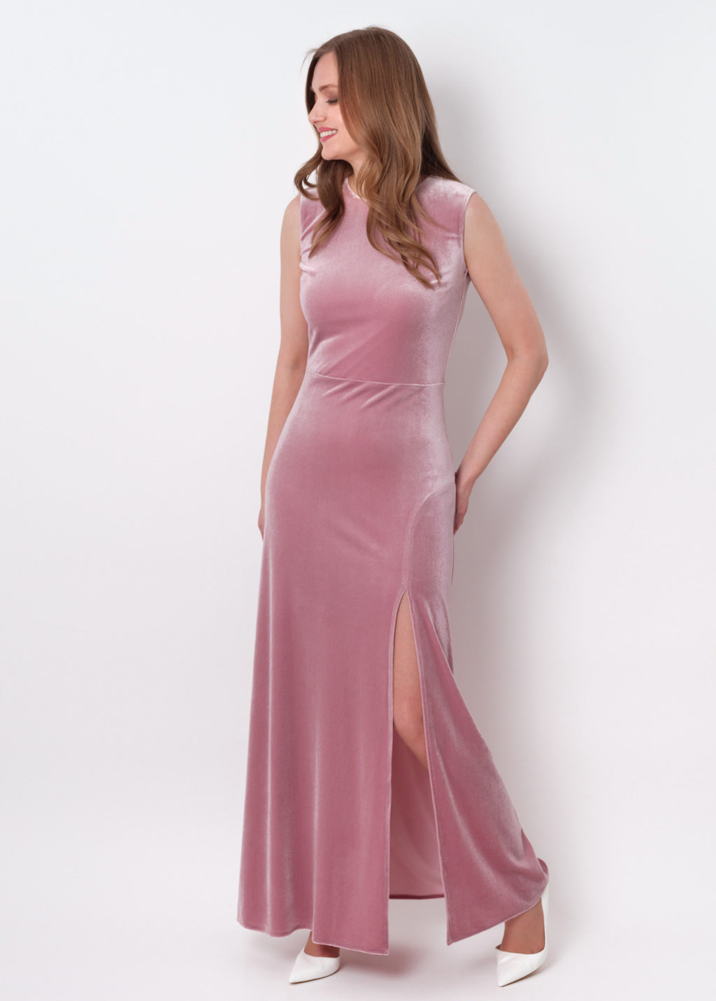 Mauve velvet slit long pencil dress