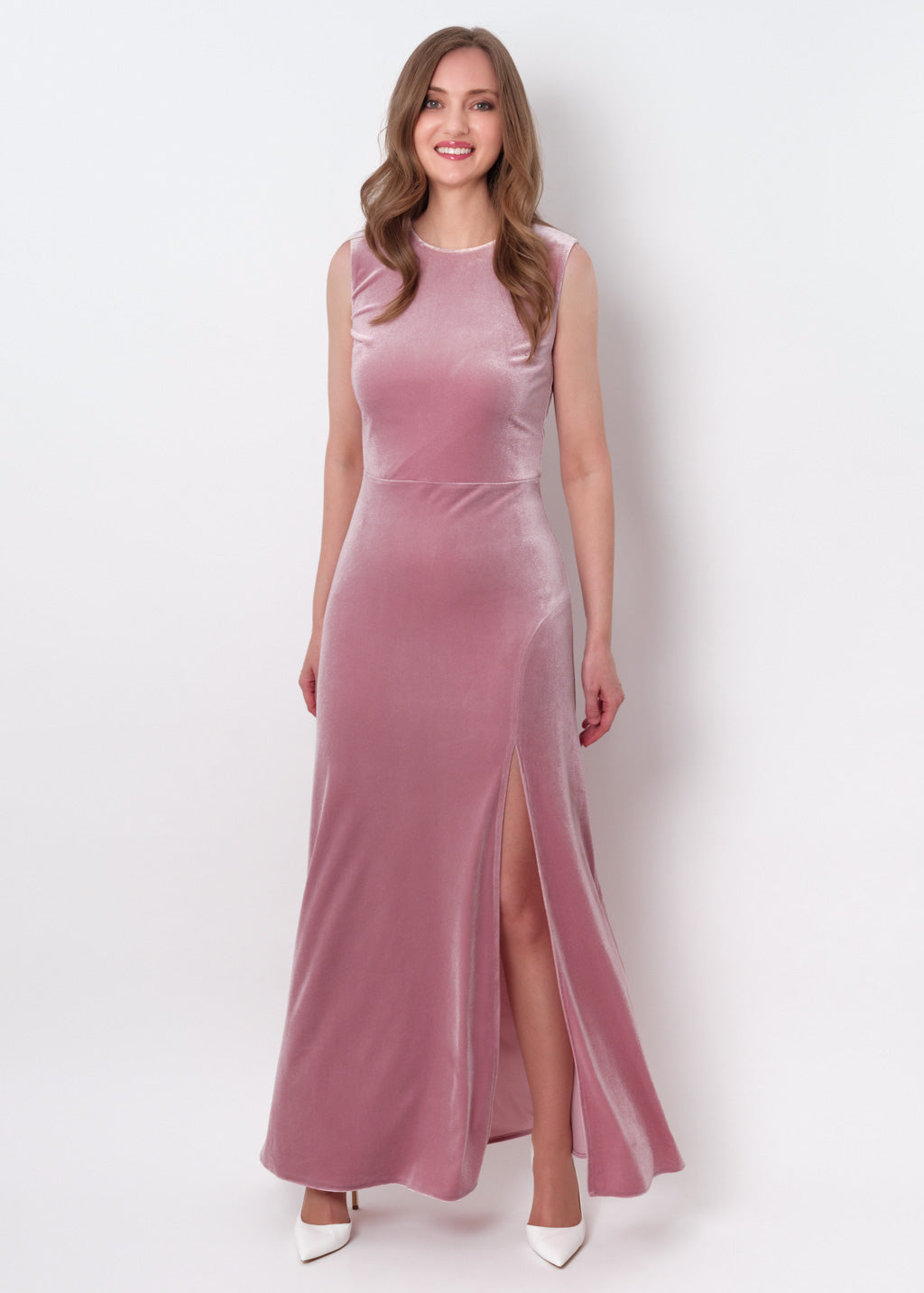 Mauve velvet slit long pencil dress