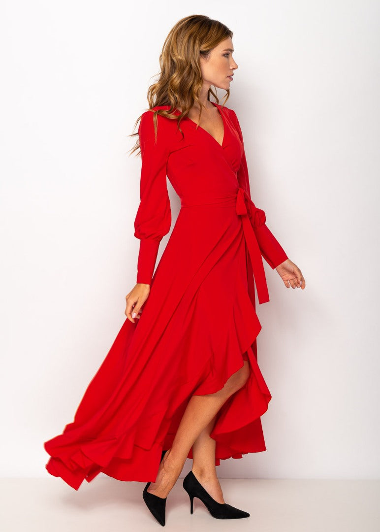 Red long wrap dress