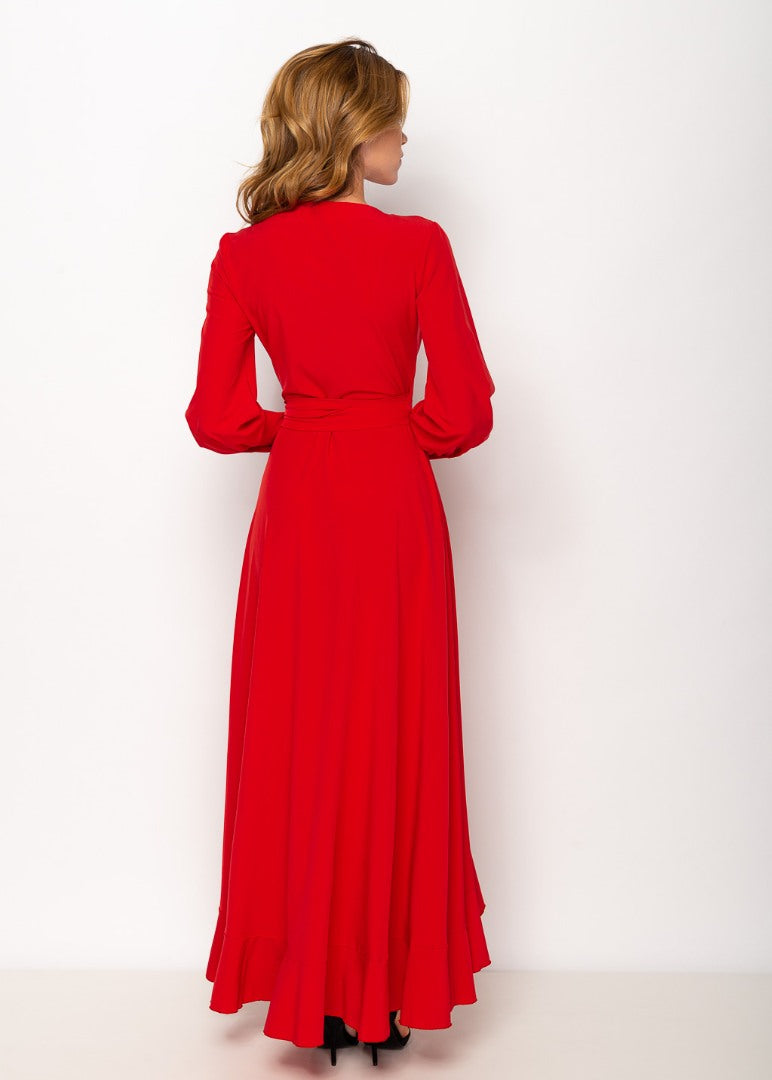 Red long wrap dress