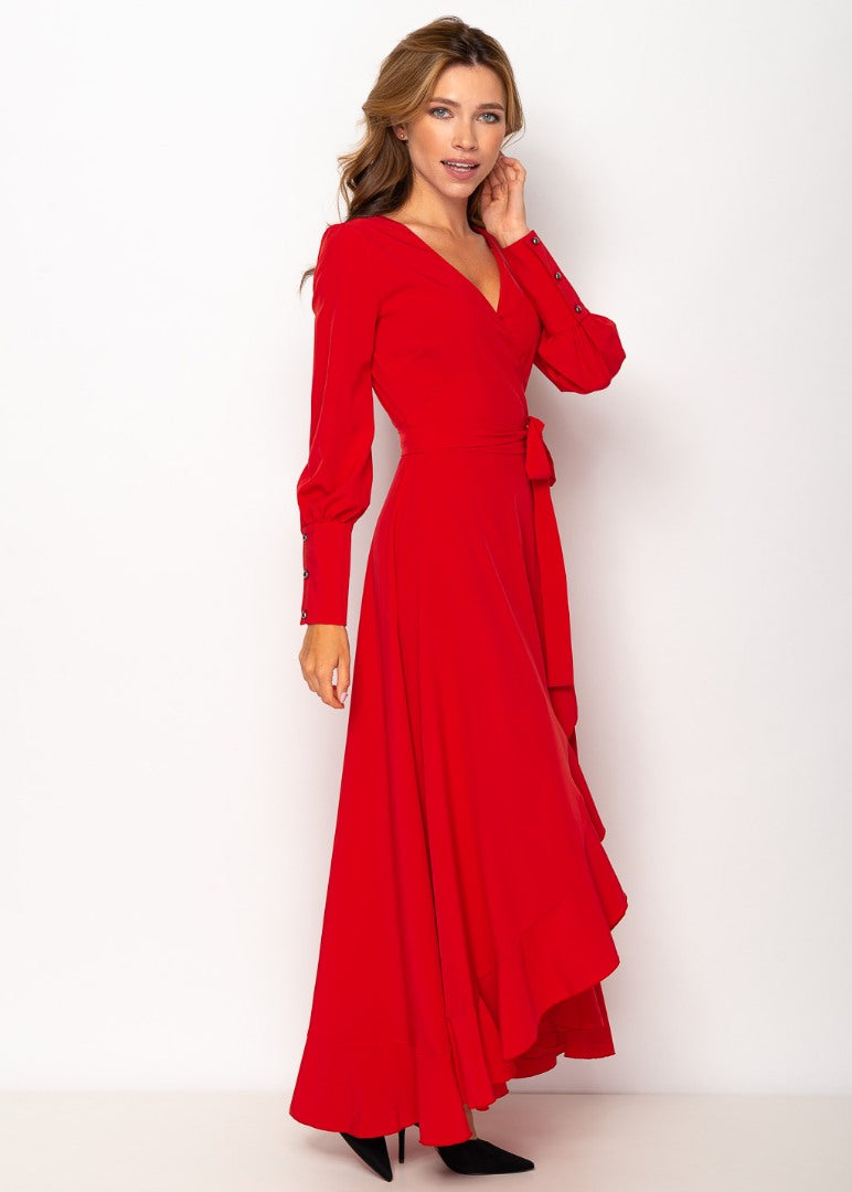 Red long wrap dress
