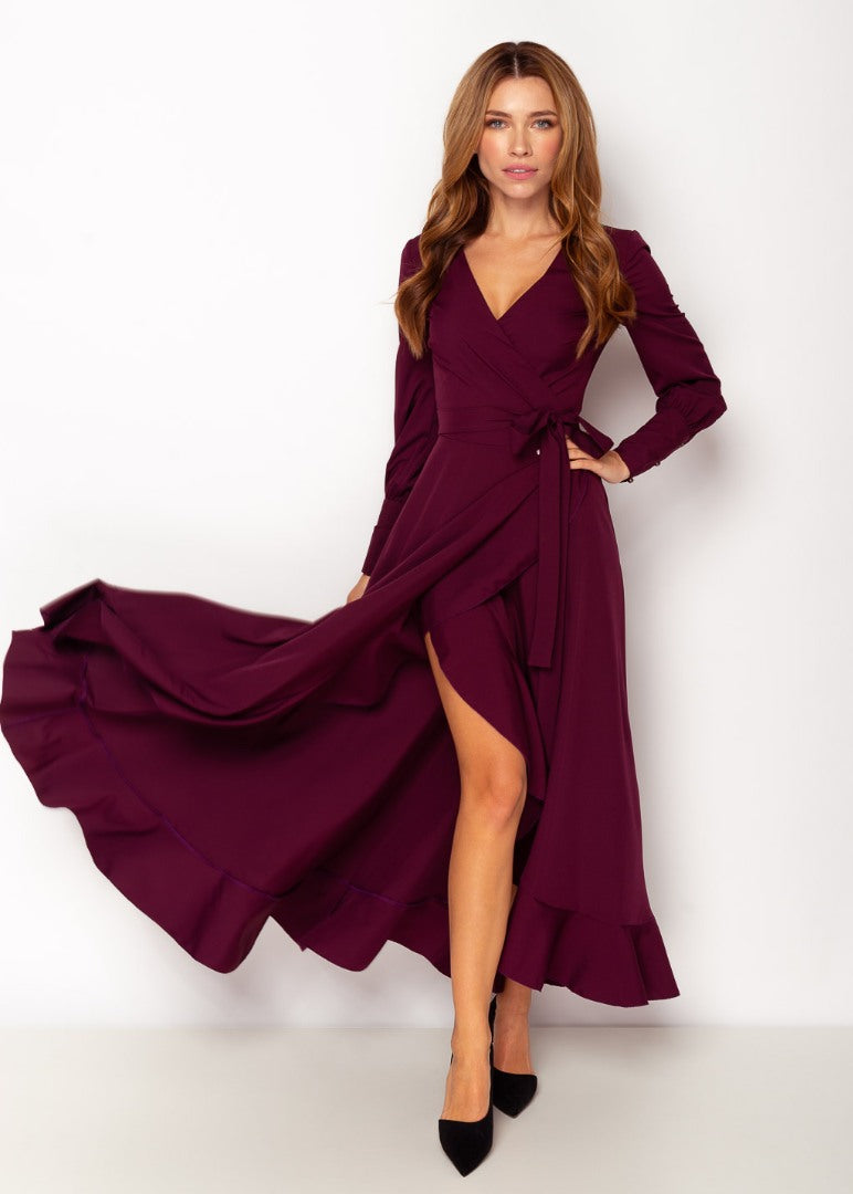 Dark burgundy long wrap dress