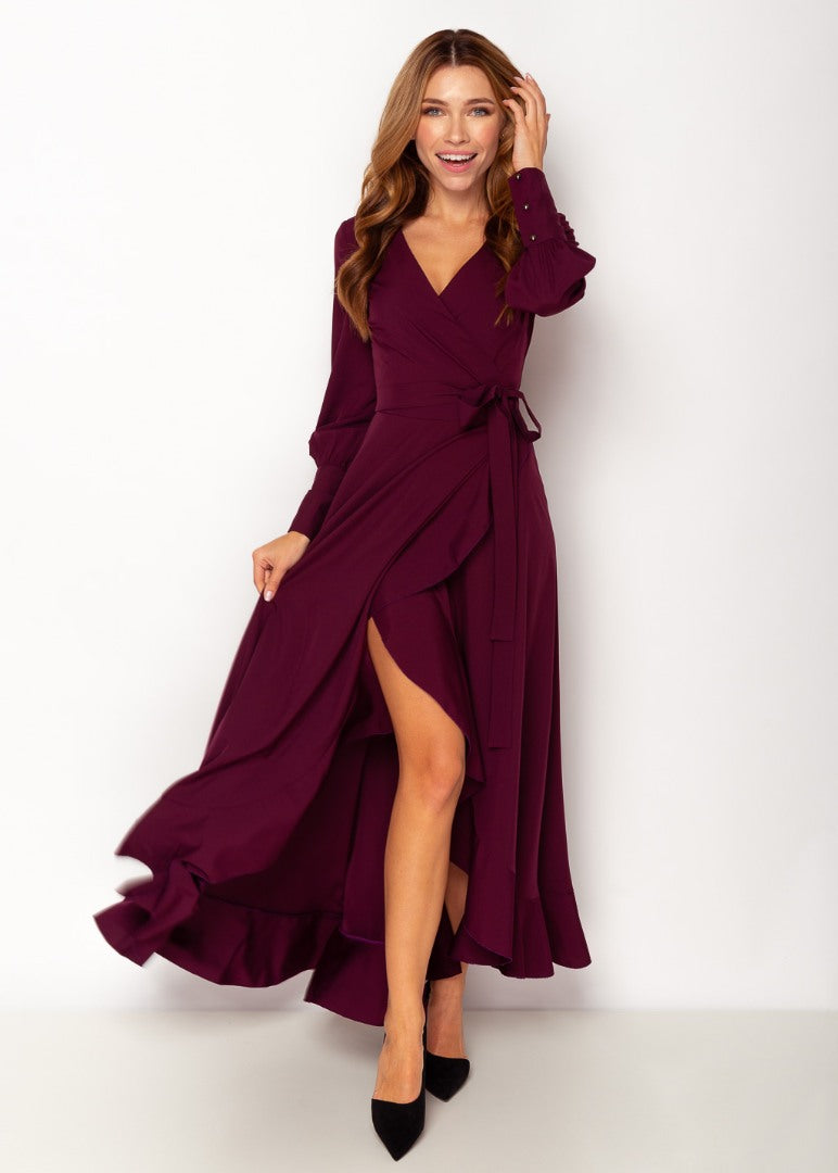 Dark burgundy long wrap dress