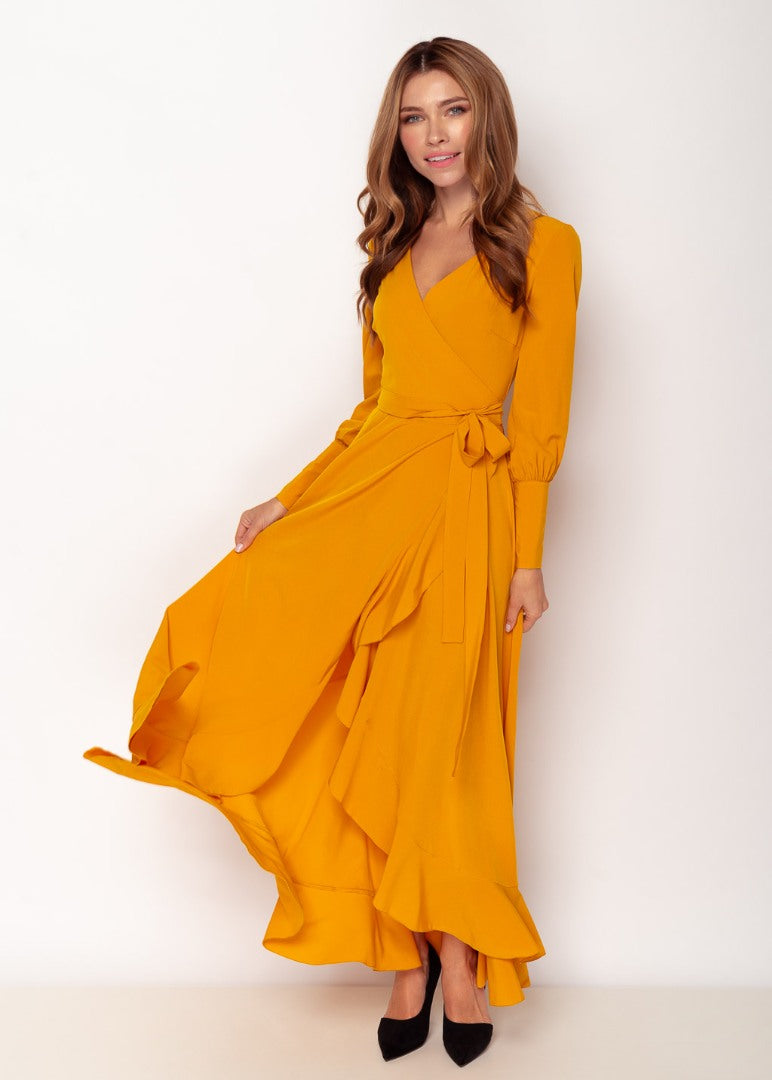 Honey yellow long wrap dress