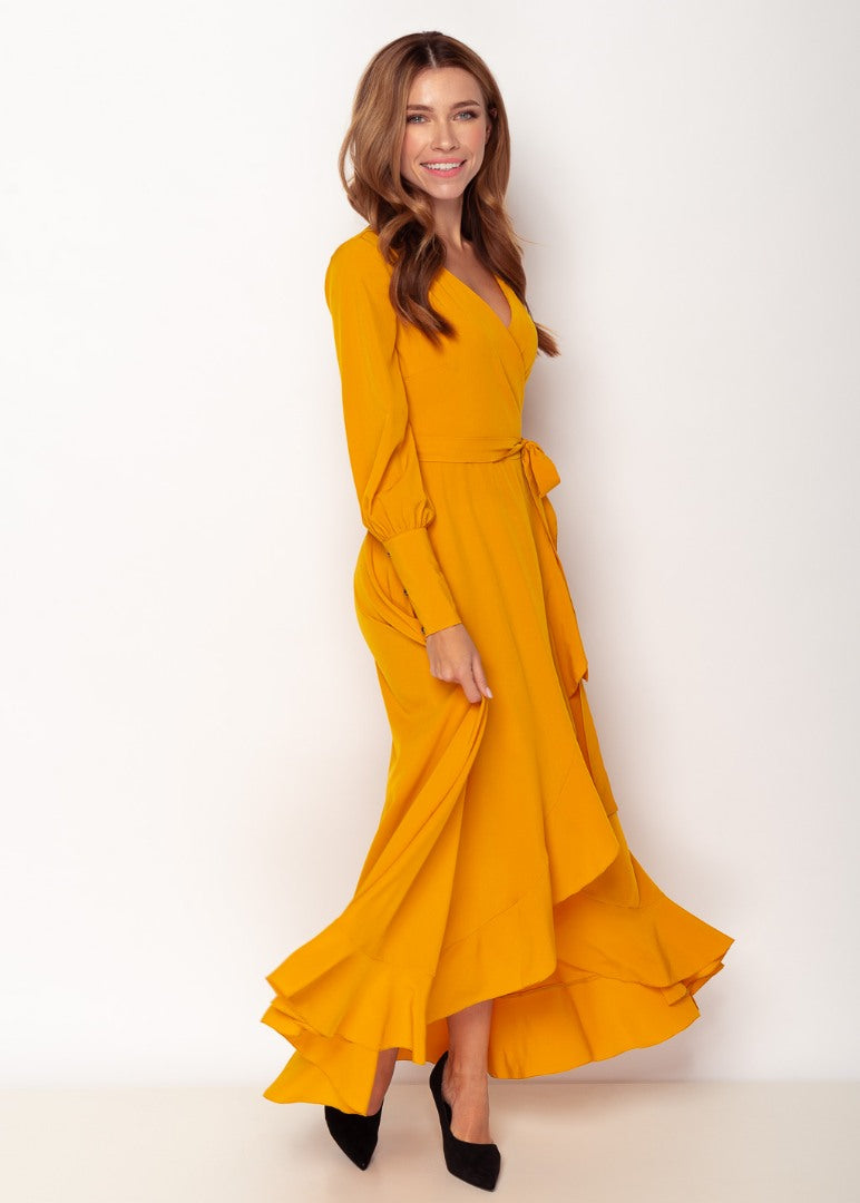 Honey yellow long wrap dress