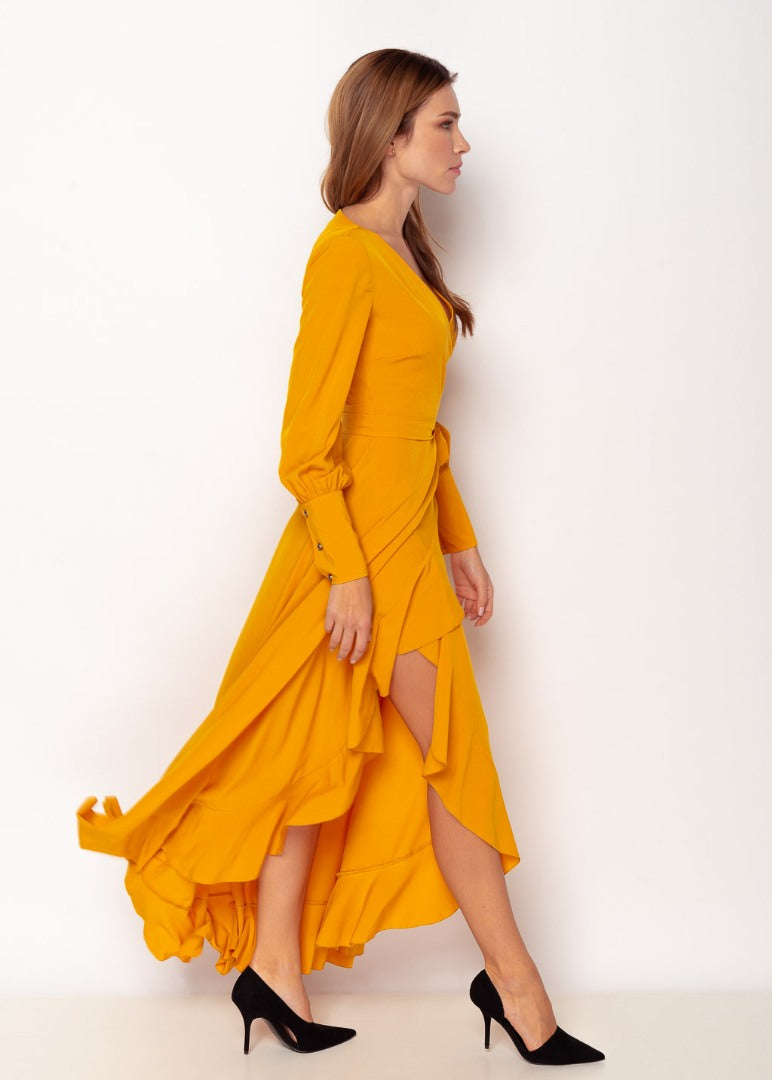 Honey yellow long wrap dress