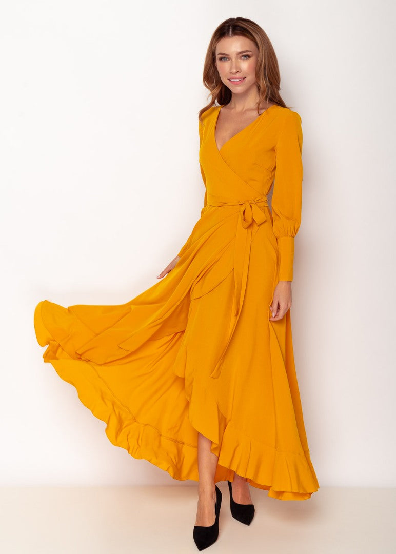 Honey yellow long wrap dress