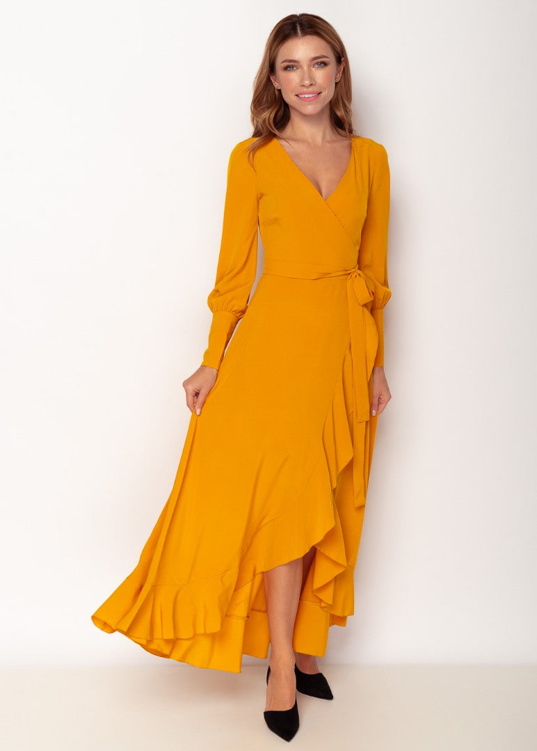 Honey yellow long wrap dress