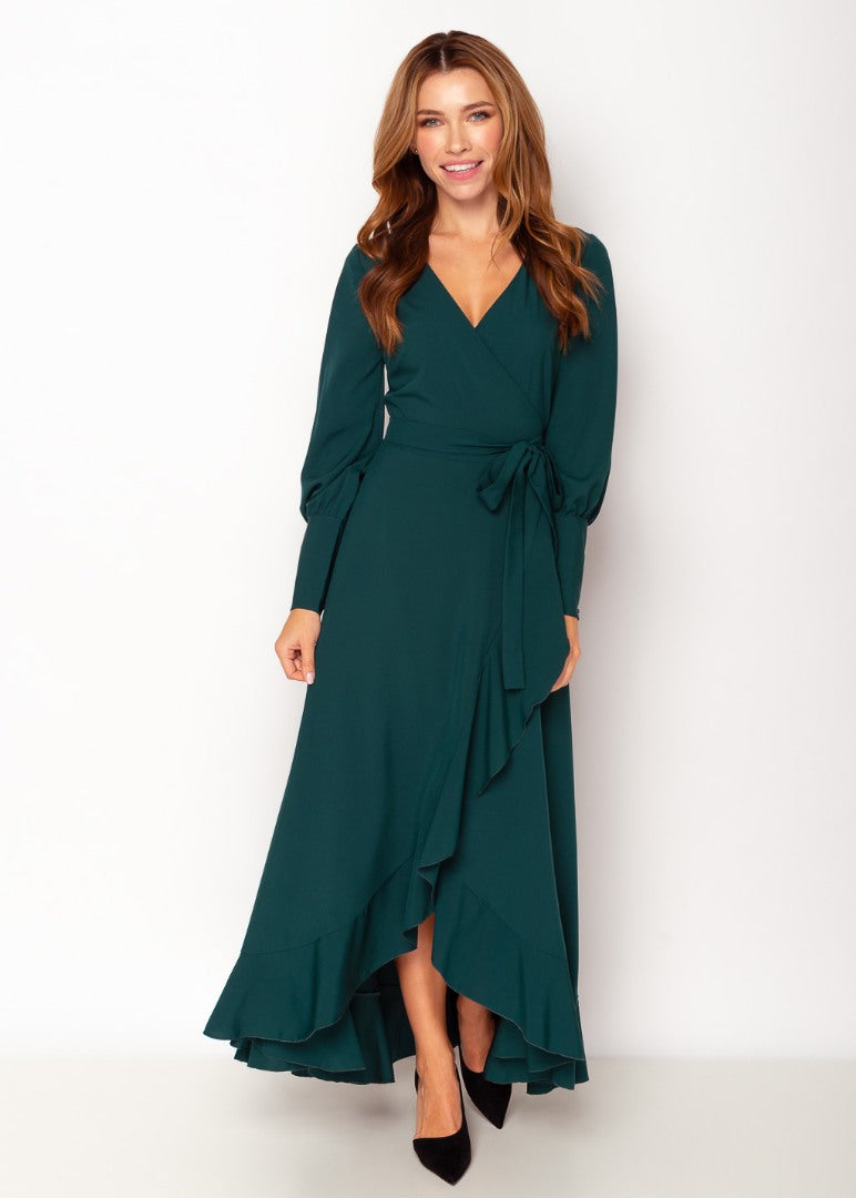 Dark green long wrap dress