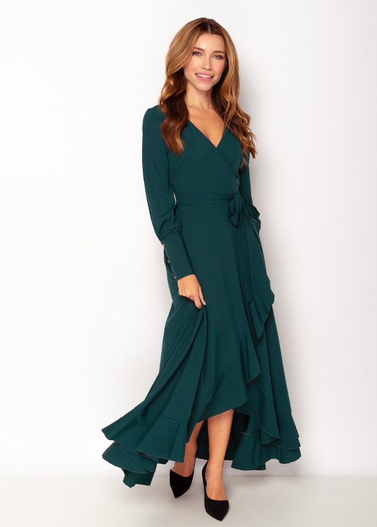 Dark green long wrap dress