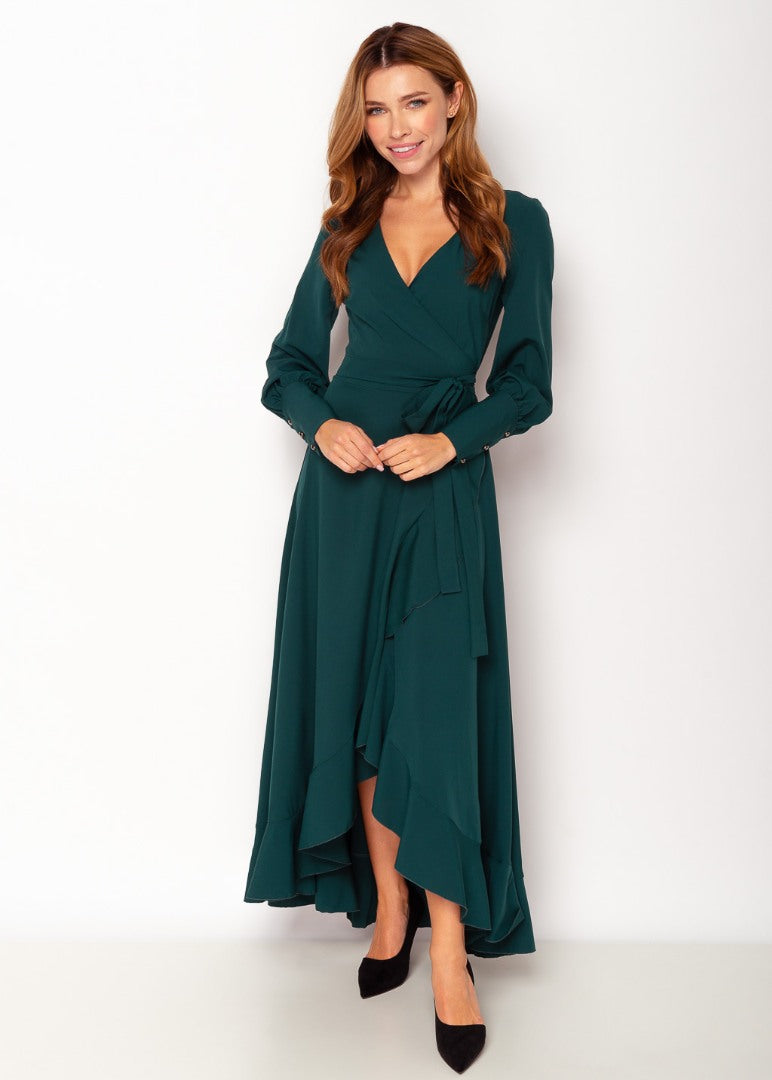 Dark green long wrap dress