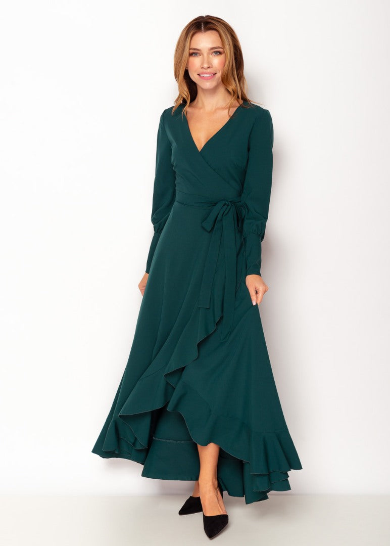 Dark green long wrap dress