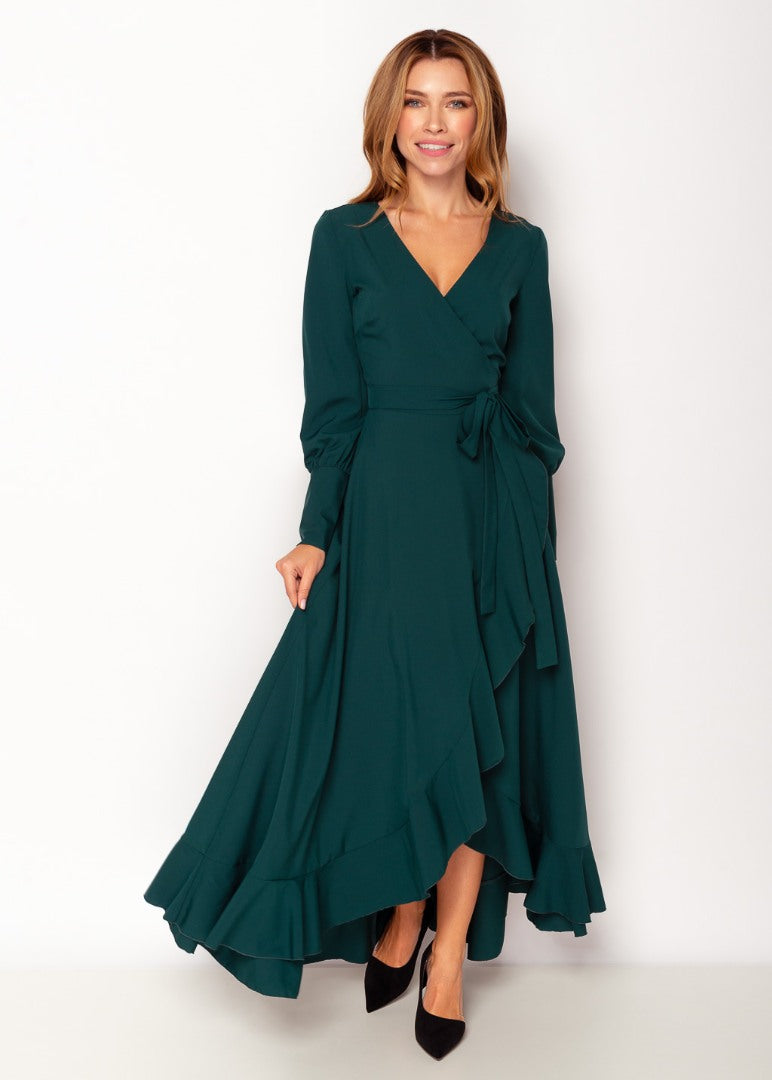 Dark green long wrap dress