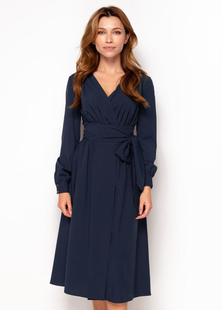 Navy blue midi wrap dress