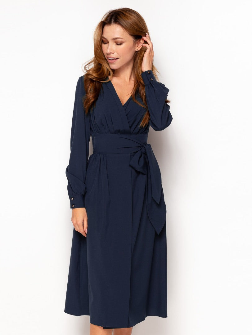 Navy blue midi wrap dress