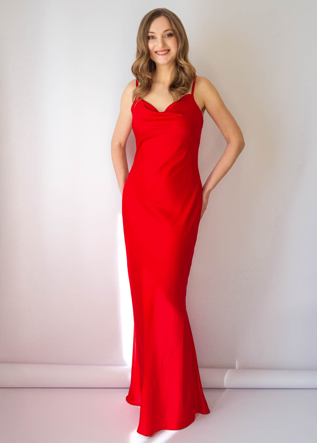Red Bias Cut Silk Satin Maxi Dress with Belt & Silk Flower