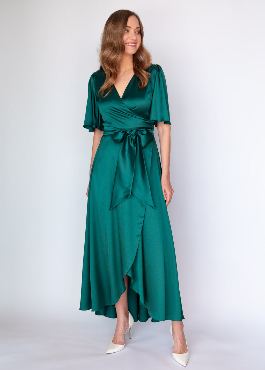 Dark Green Silk Wrap Dress with Flutter Sleeve