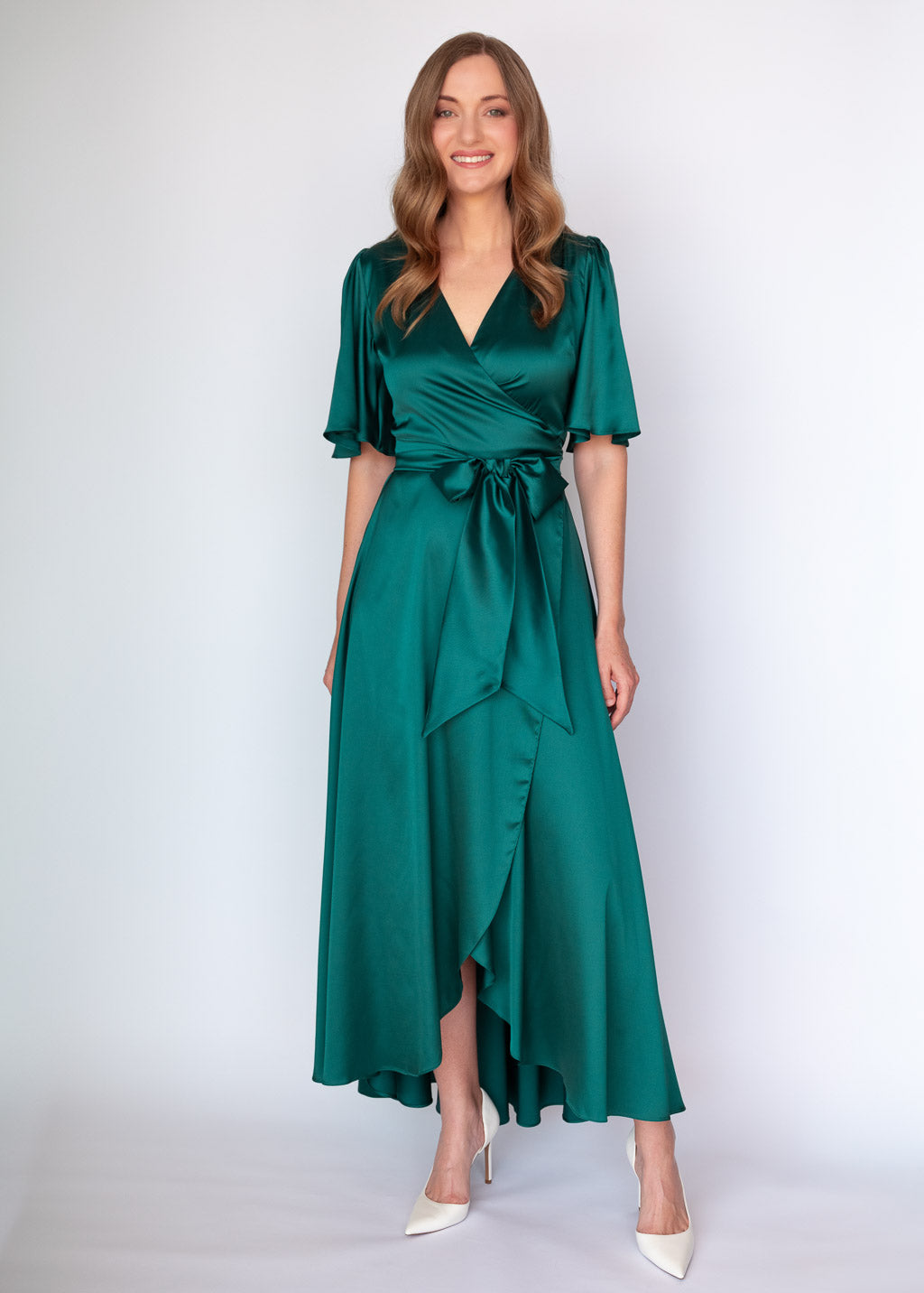 Dark Green Silk Wrap Dress with Flutter Sleeve