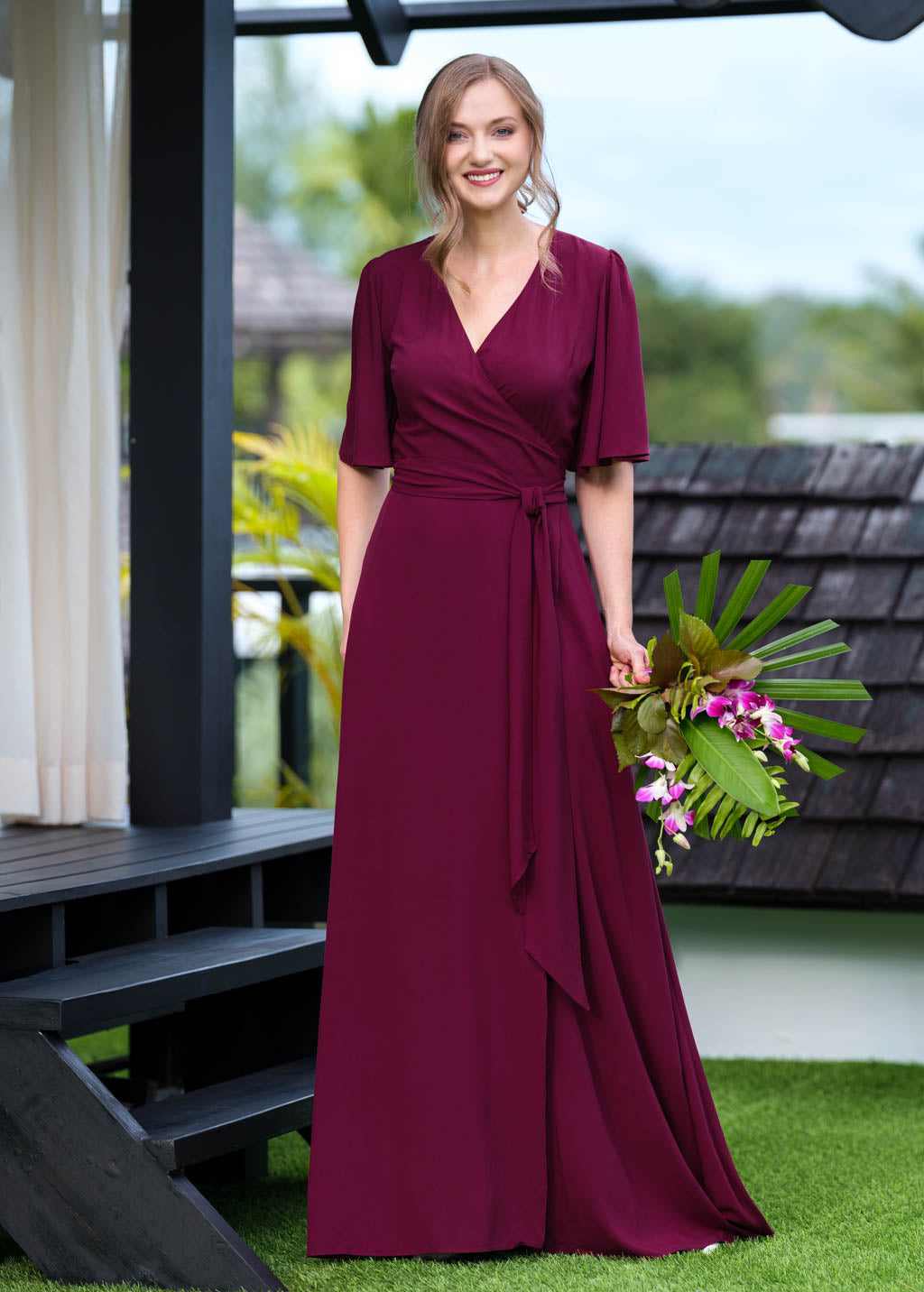 Burgundy romantic wrap dress