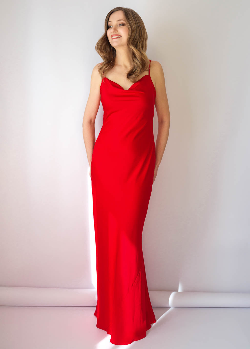 Red Bias Cut Silk Satin Maxi Dress with Belt & Silk Flower