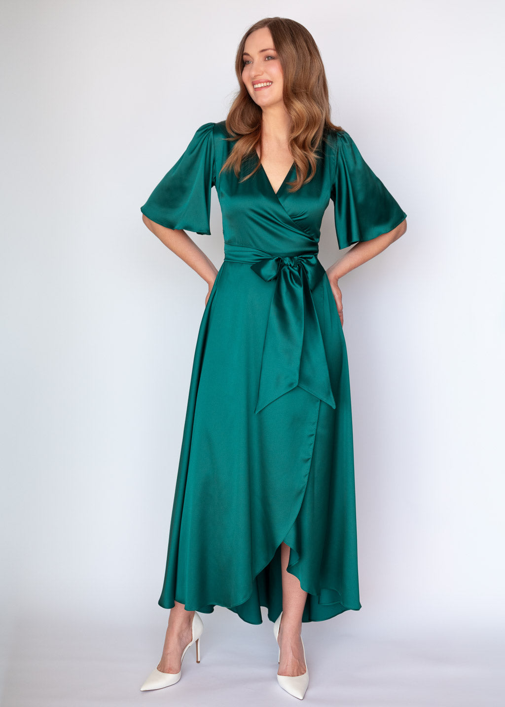 Dark Green Silk Wrap Dress with Flutter Sleeve