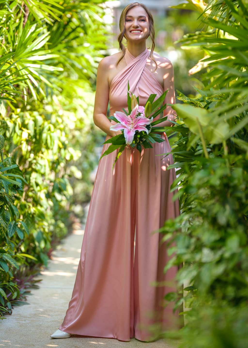 Blush pink open back halter silk jumpsuit