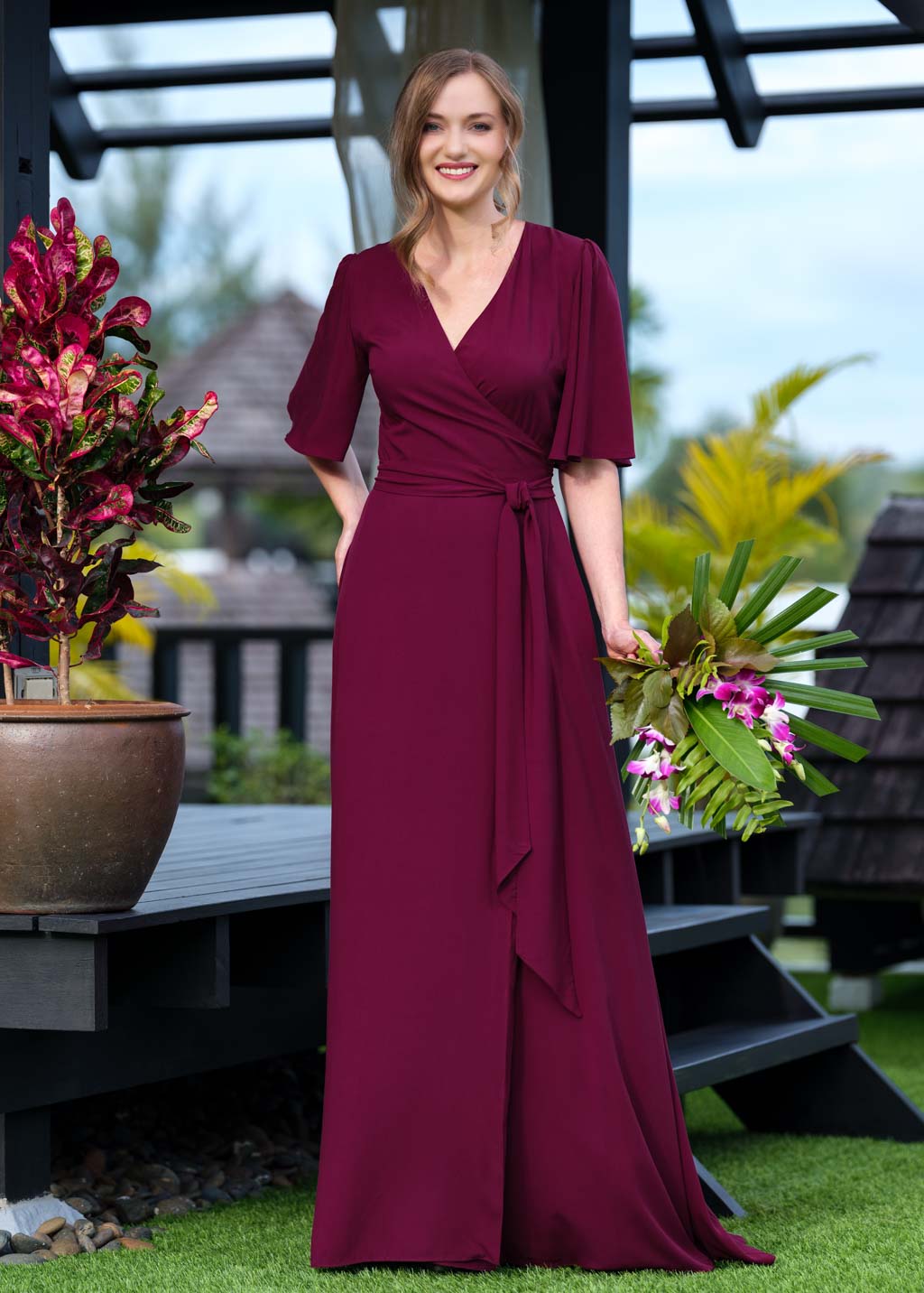 Burgundy romantic wrap dress