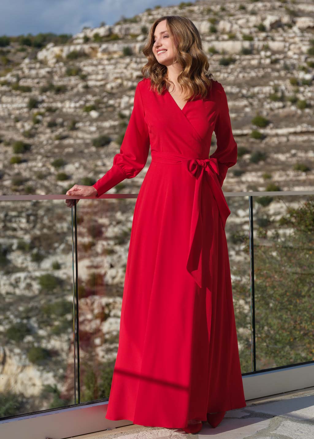 Red chiffon wrap long dress