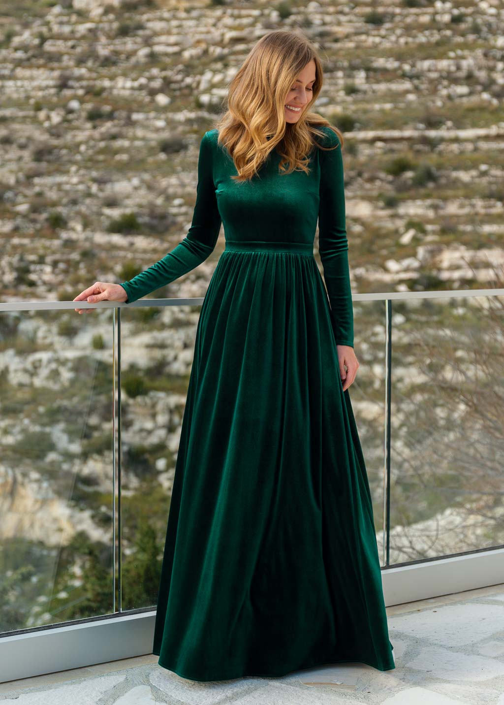 Emerald green velvet long dress