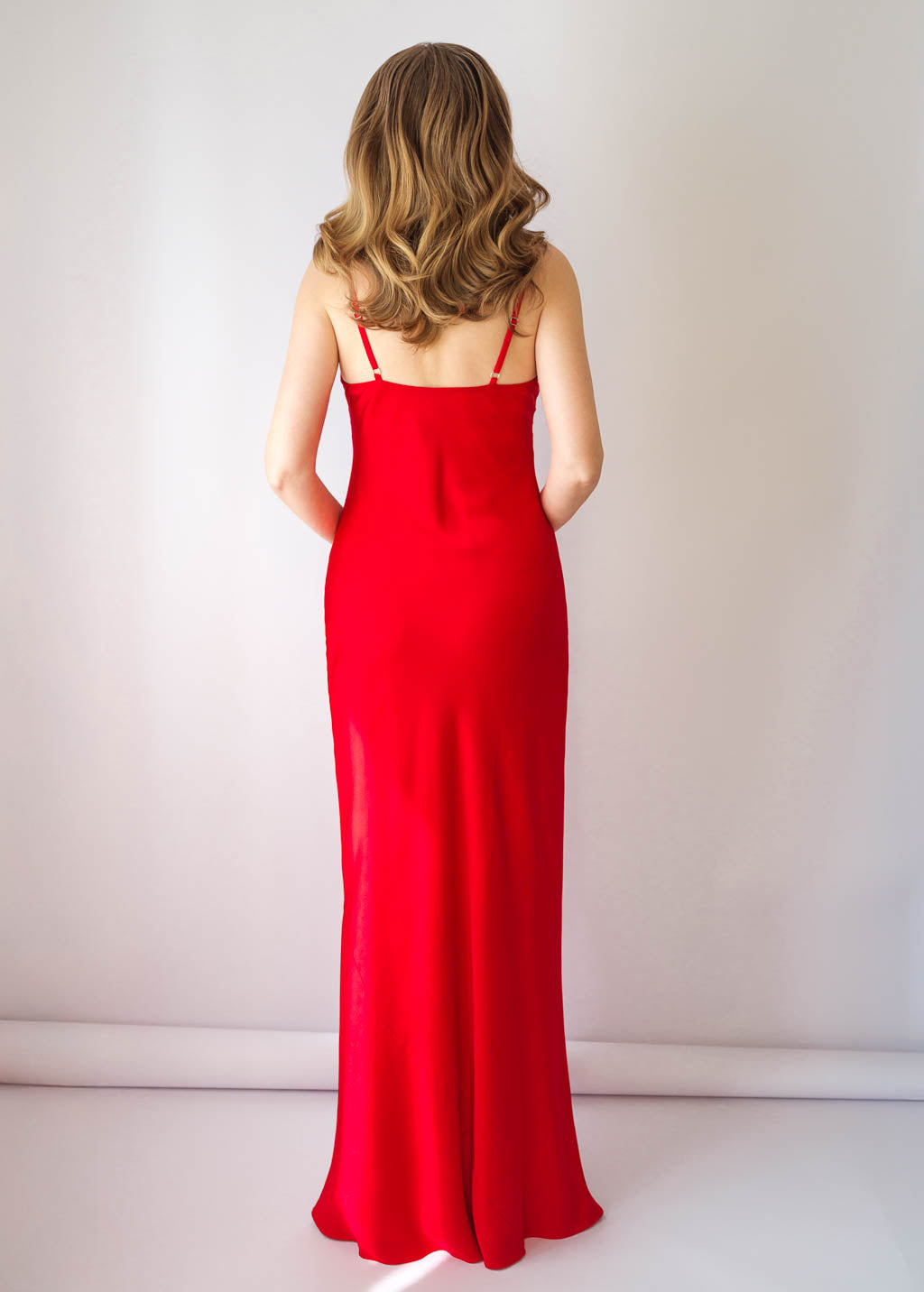 Red Bias Cut Silk Satin Maxi Dress with Belt & Silk Flower