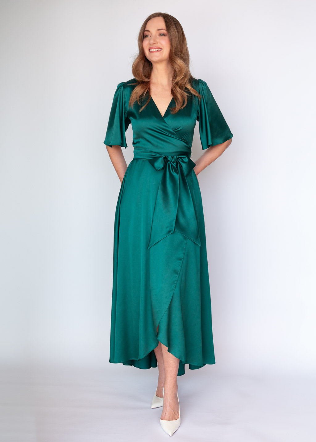 Dark Green Silk Wrap Dress with Flutter Sleeve