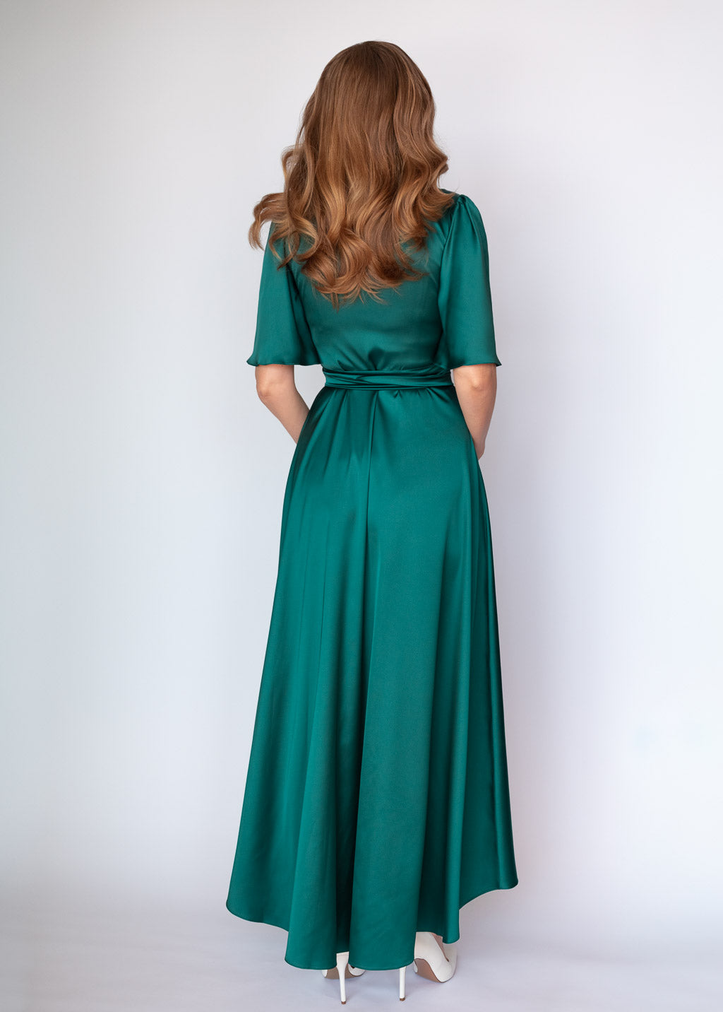 Dark Green Silk Wrap Dress with Flutter Sleeve