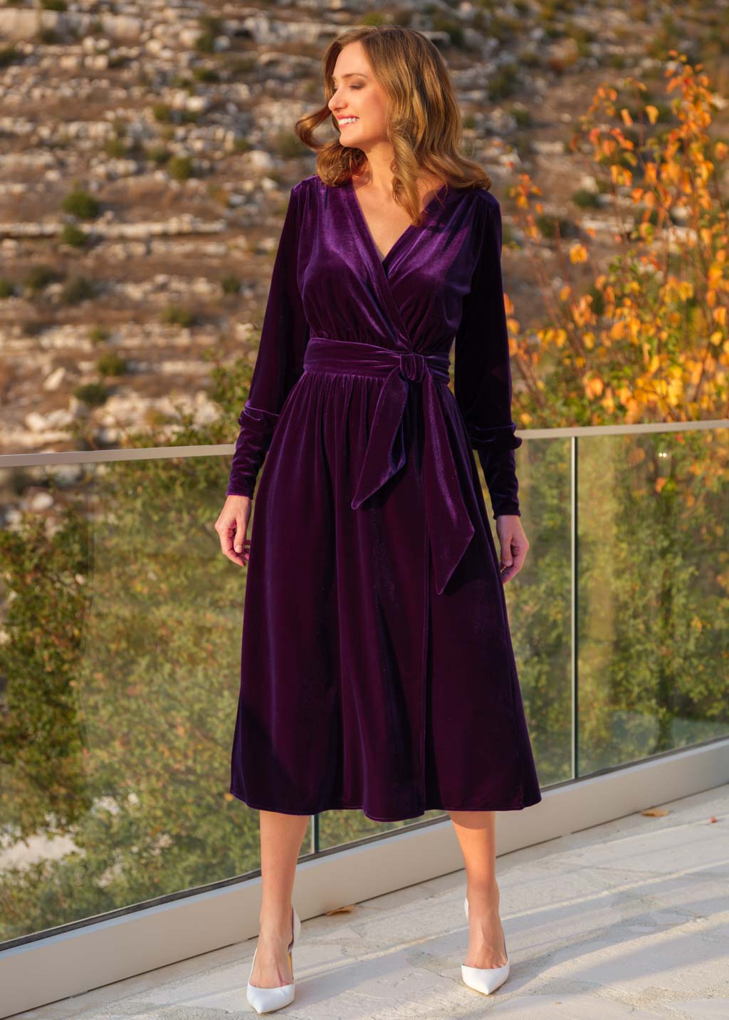 Purple long sleeve velvet dress