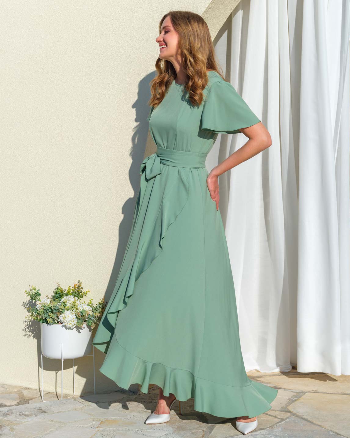 Sage green ruffle dress with belt