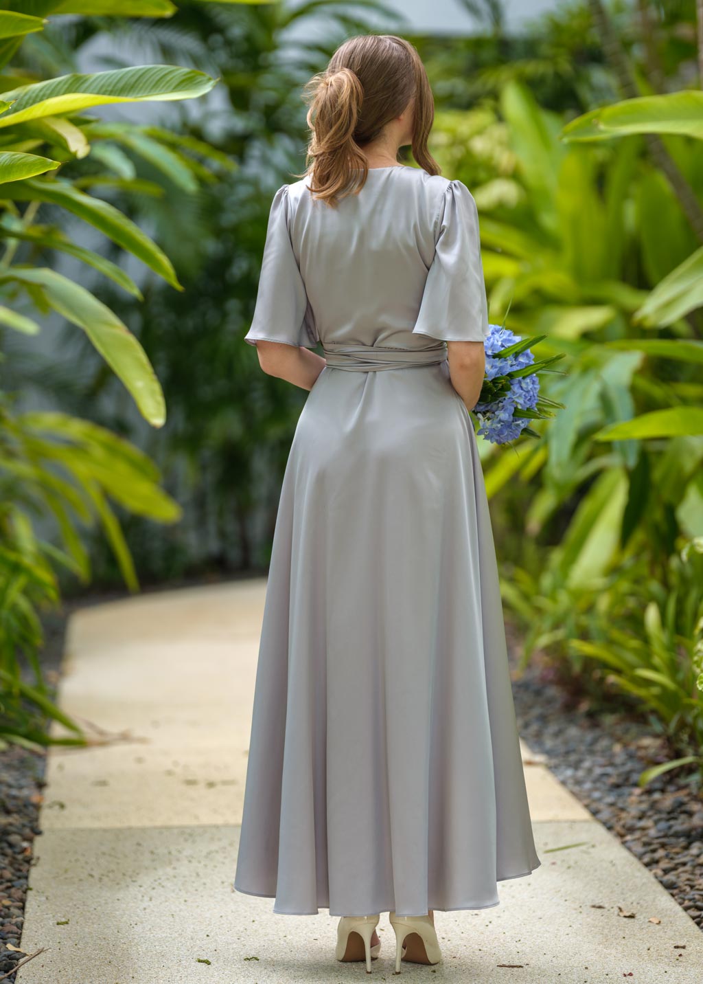 Silver grey silk long wrap dress