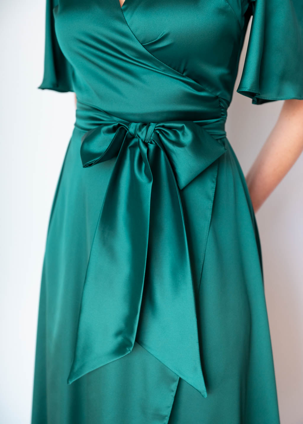 Dark Green Silk Wrap Dress with Flutter Sleeve
