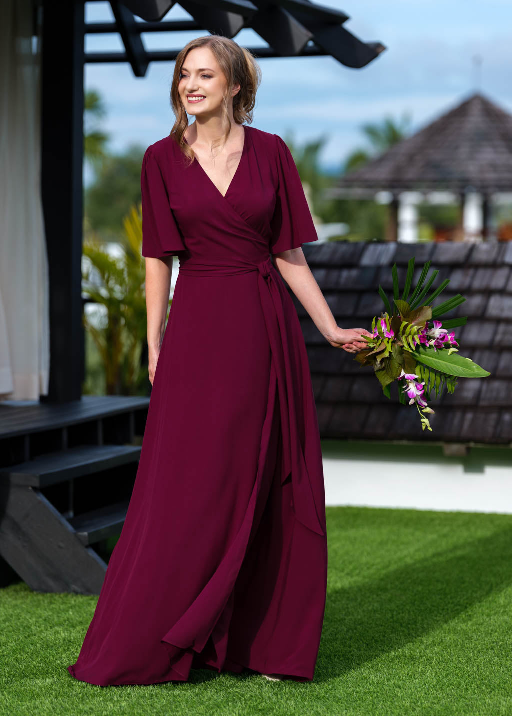 Burgundy romantic wrap dress