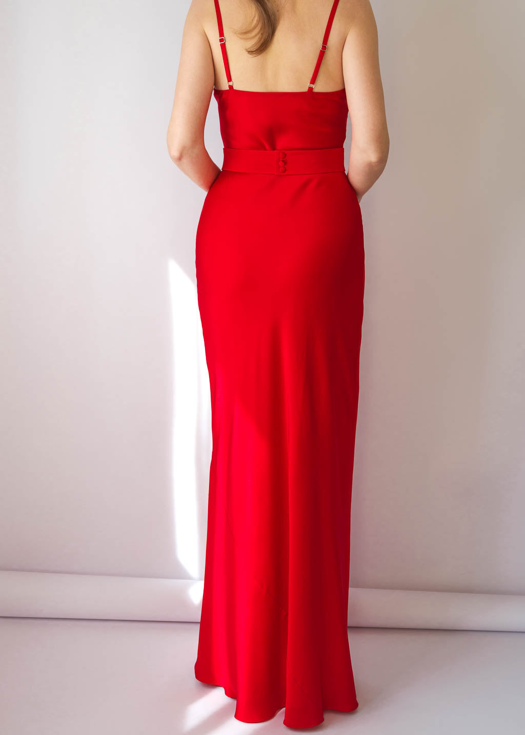 Red Bias Cut Silk Satin Maxi Dress with Belt & Silk Flower
