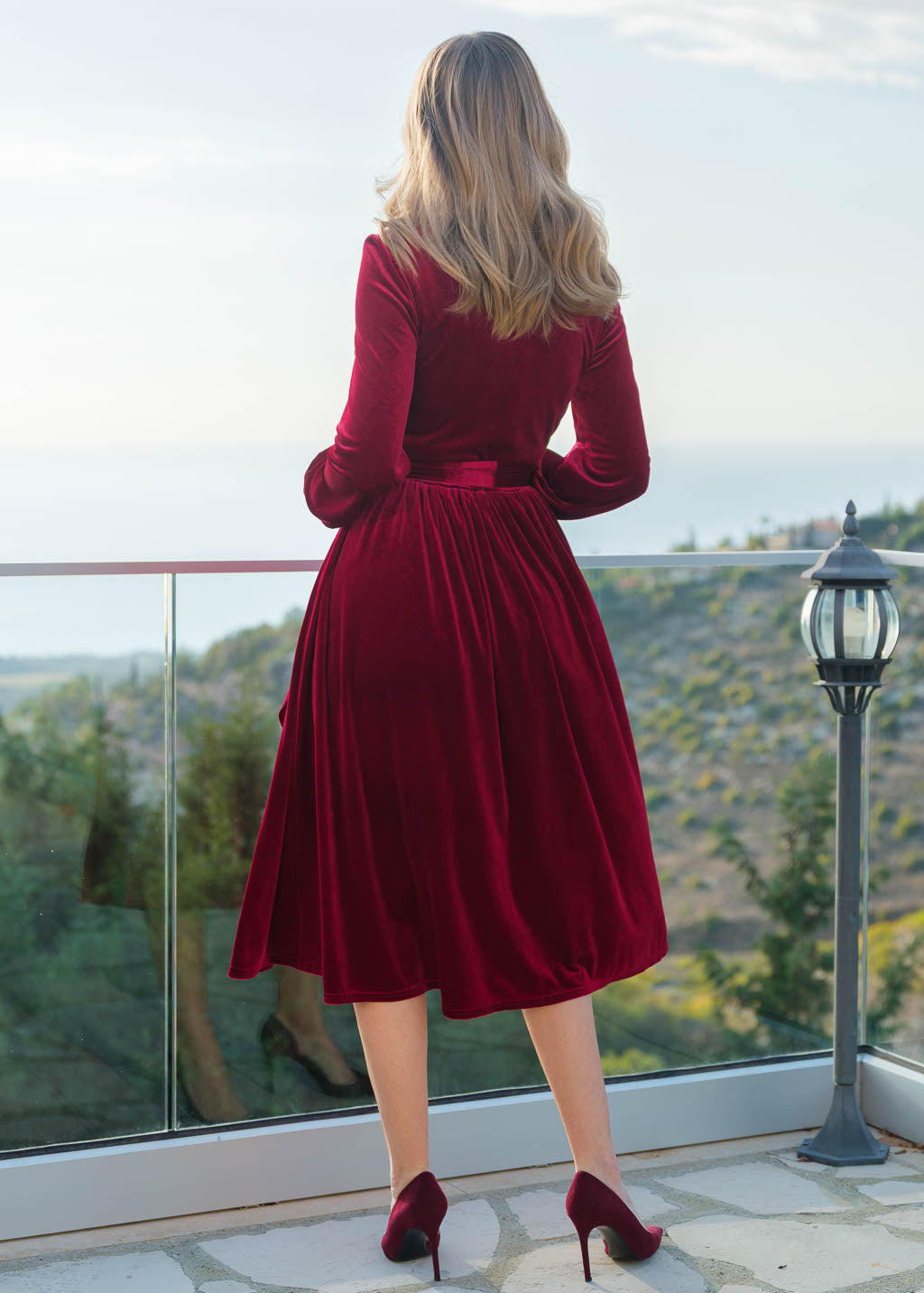 Burgundy velvet midi dress with belt