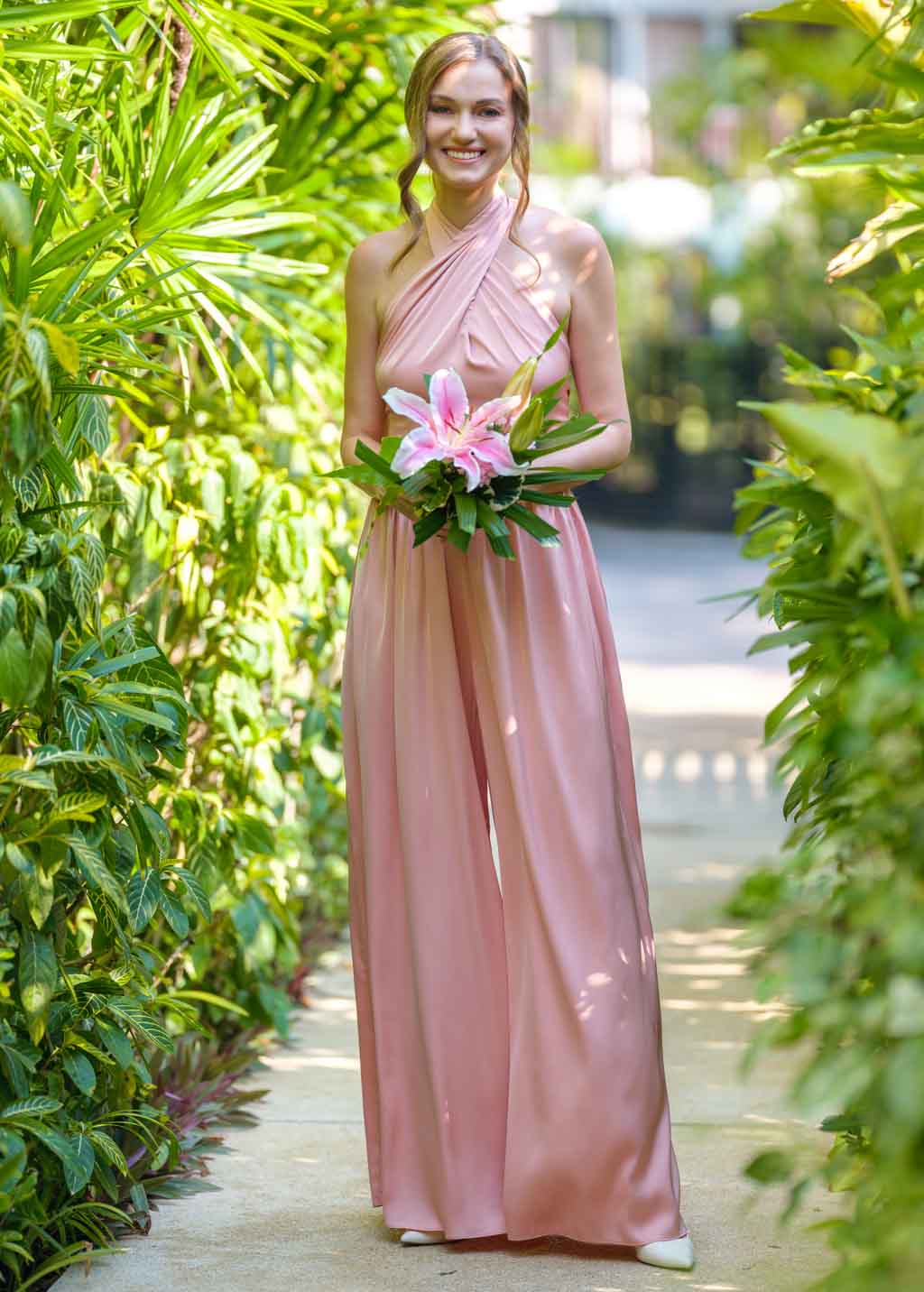 Blush pink open back halter silk jumpsuit