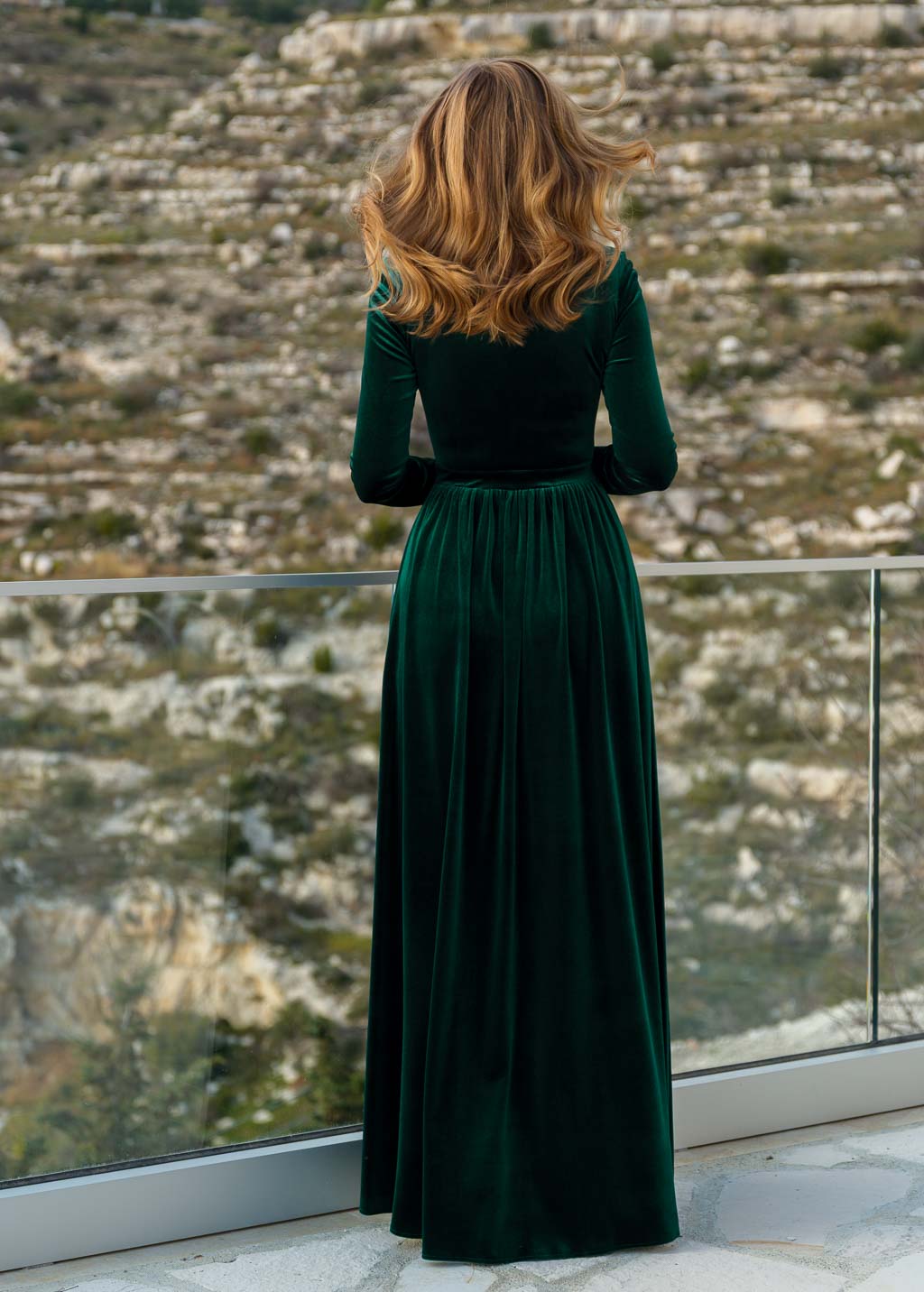 Emerald green velvet long dress