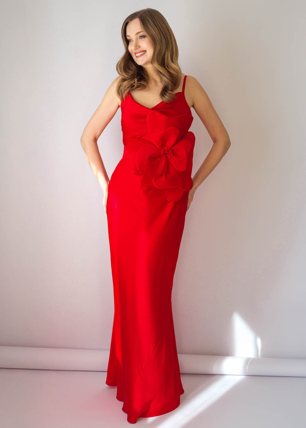 Red Bias Cut Silk Satin Maxi Dress with Belt & Silk Flower