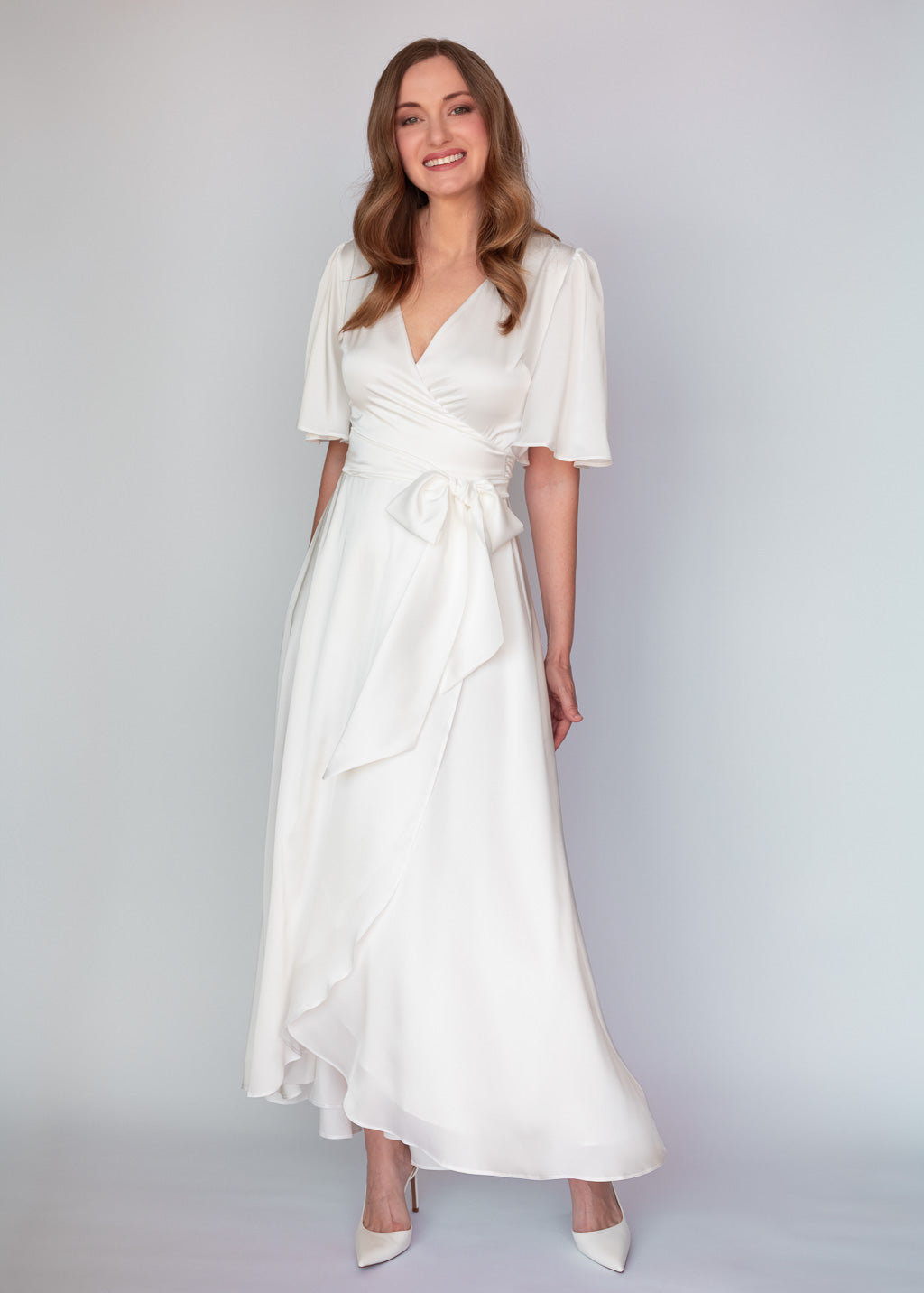 Ivory Silk Wrap Dress with Flutter Sleeve