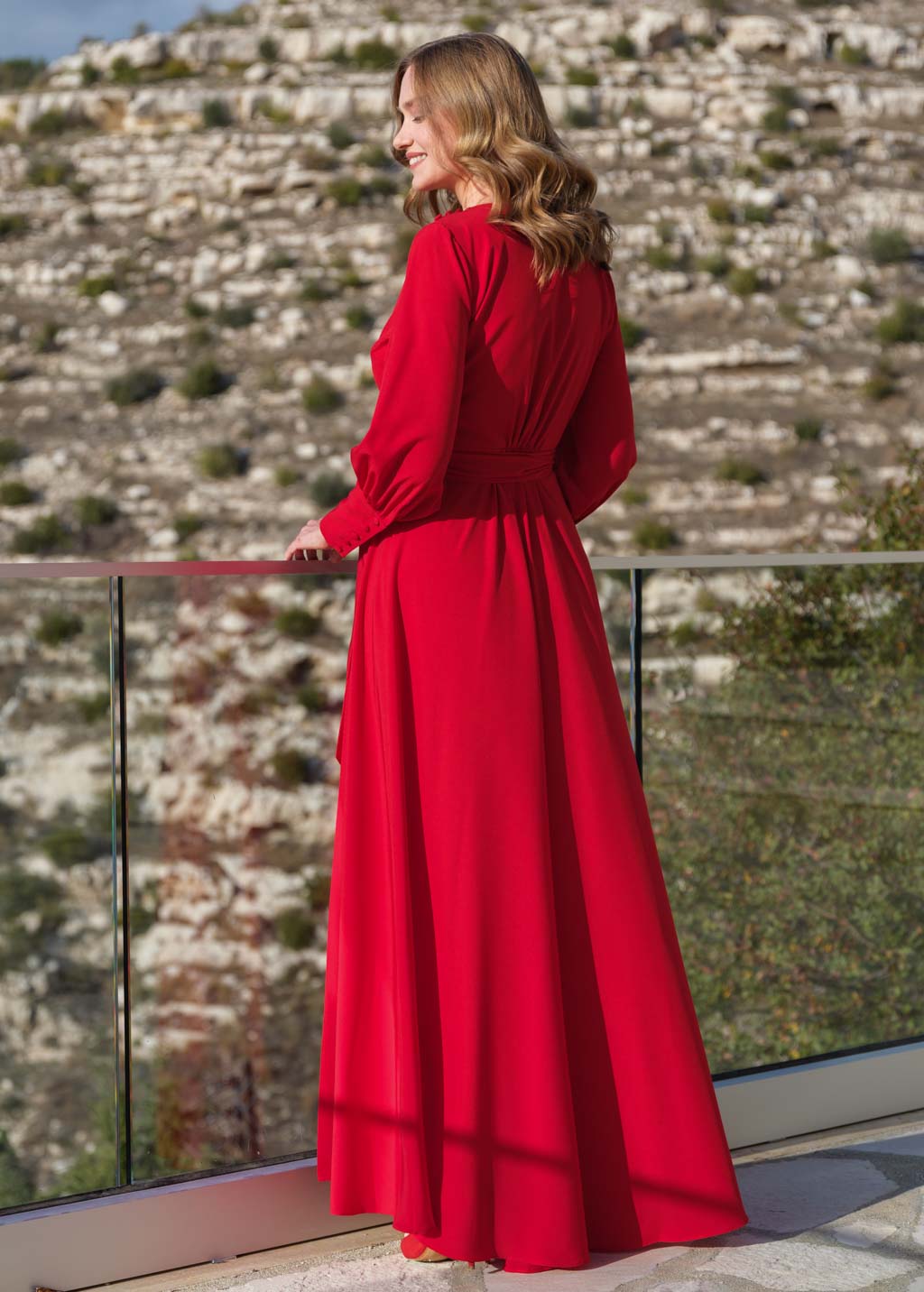 Red chiffon wrap long dress