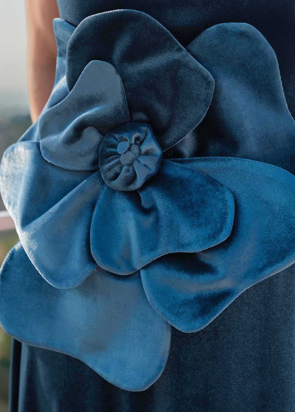 Dusty Blue Velvet Maxi Dress with Handmade Flower